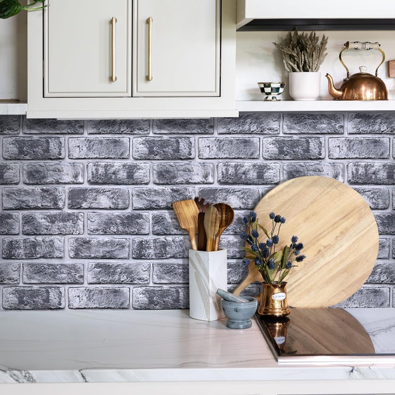 COMSTICKC 3D Faux Brick Wall Panels Peel and Stick,10 Pcs of 12"X12",Small Size Thin PVC Whitewash Black Brick Self Adhesive Fake Brick Backsplash Kitchen Living Room Fireplace Surround Interior Decor - Image 2